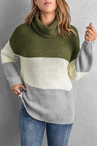 Green Turtleneck Color Block Pullover Sweater