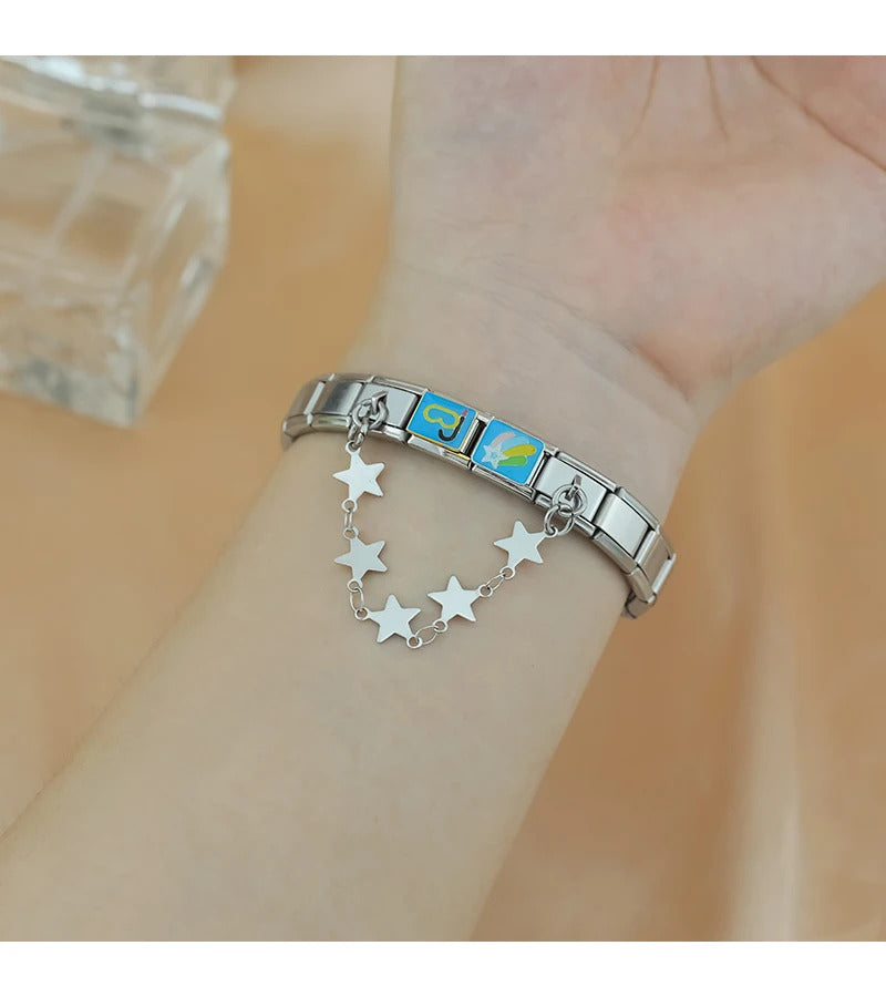 Hapiship Fashion Women Stainless Steel Heart Star Chain Italian Charms Link Fit 9mm Bracelet Stainless Steel DIY Jewelry DJ1303