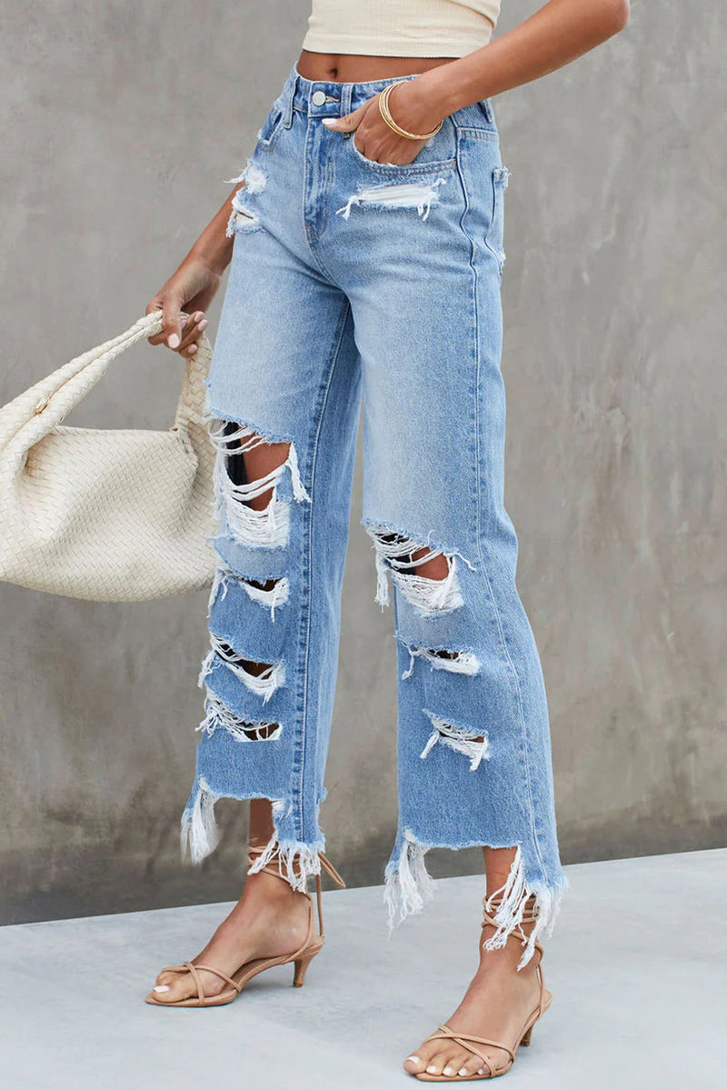 Sky Blue Heavy Destroyed High Waist Jeans