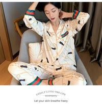 Women Plus Size Pajamas Silk Long Sleeve School Loungewear Two-Piece Fashion Webbing Chain Pattern Trouser Set Sexy Sleepwear