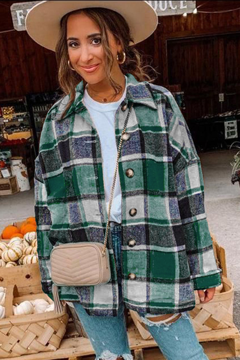 Green Plaid Print Buttoned Shirt Jacket