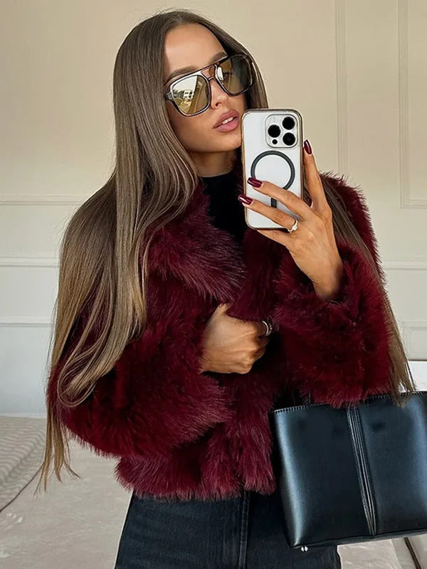 Fashion Burgundy Red Fluffy Faux Fur Short Coats Women Solid Lapel Full Sleeve Warm Jacket Winter New Chic High Street Outerwear