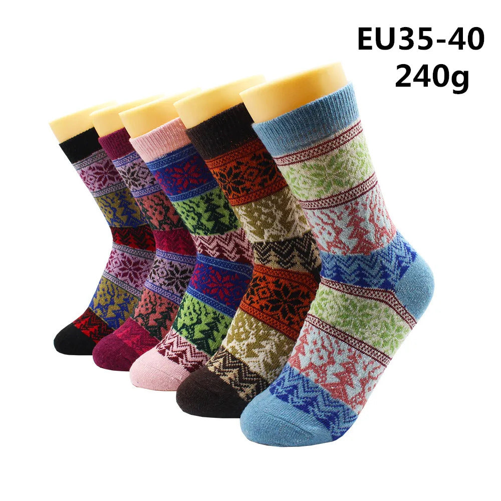 5 Pairs Winter Warmer Women Thicken Thermal Wool Cashmere Snow Socks Fashion Casual Euramerican National Wool Socks for Women