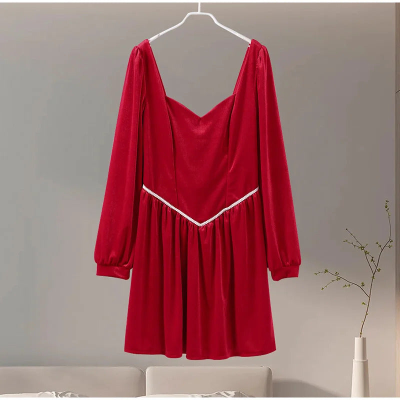 Elegant Velvet Strapless Mini Dresses Women Solid Off Shoulder Long Sleeved Dress Female 2025 Autumn Chic Evening Party Robes