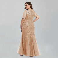 Women Plus Size Sequin Mesh Embroidery Mermaid  Evening Dress Formal Short Sleeve Elegant Party Prom Gowns 2020 New Long Dress