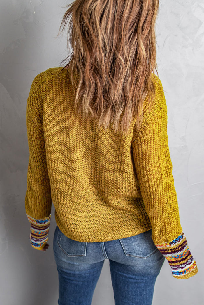 Yellow Lace up V Neck Knit Sweater