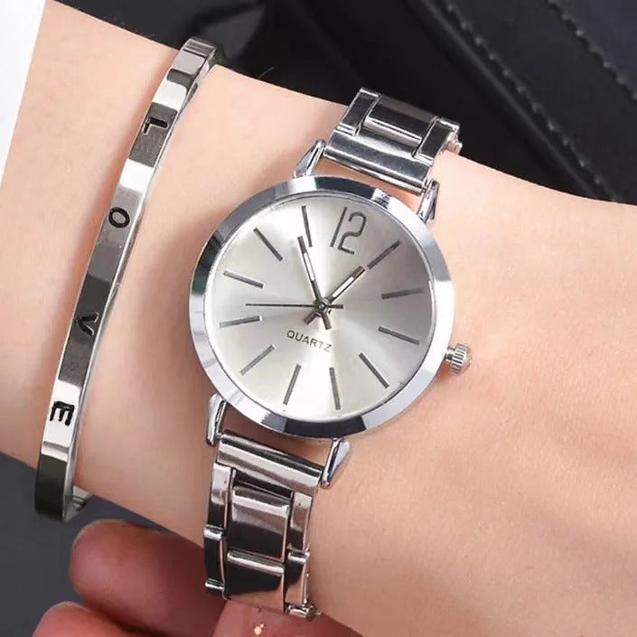 2pcs Set Watch Luxury Women Simple Dial Hollow Strap Fashion Gold Bracelet Quartz Wristwatch Student Ladies Watches Reloj Mujer