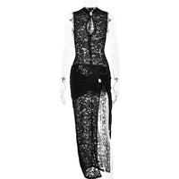 Fantoye Sexy Hollow Out High Slit Lace Women Maxi Dress Black See Through Evening Dress Female Autumn New Elegant Party Clubwear