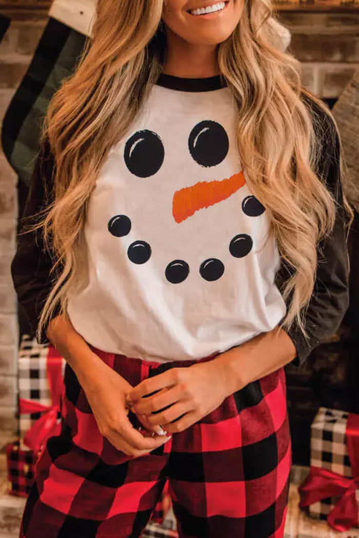 Black Christmas Snowman Face Print Color Block Top