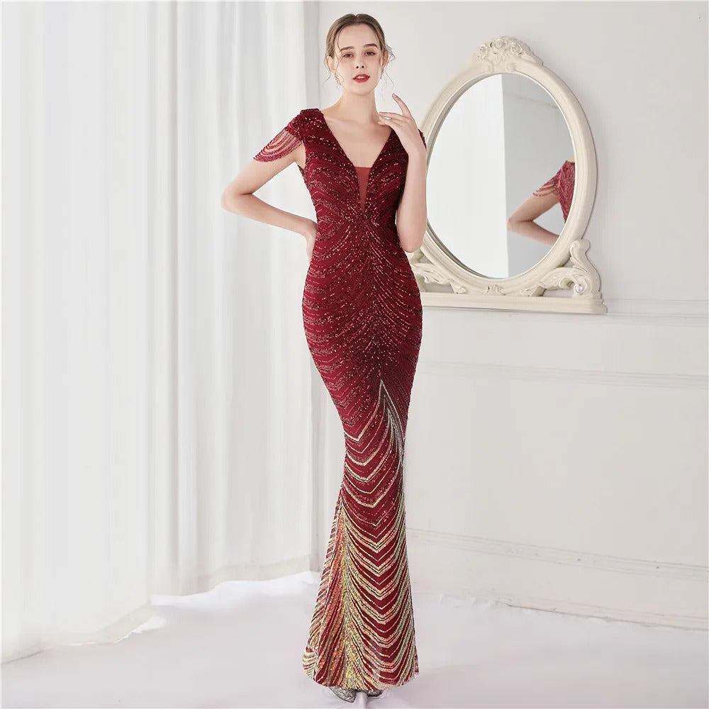 DEERVEADO Elegant V Neck Mermaid Evening Dress Long Luxury Beads Women Evening Party Dresses 2023 New Formal Dress 19085