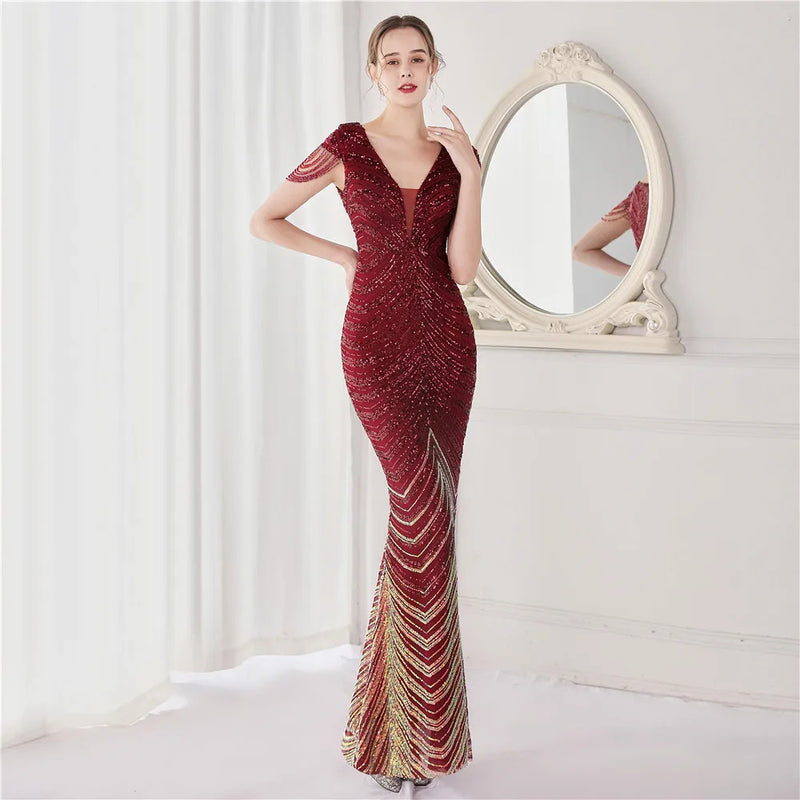 DEERVEADO Elegant V Neck Mermaid Evening Dress Long Luxury Beads Women Evening Party Dresses 2023 New Formal Dress 19085