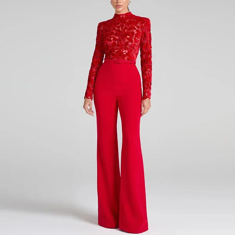 Embroidery Lace Red Jumpsuits Women Sexy Slim Long-sleeved Belt High Waist Jumpsuit Female 2024 INS Casual Lady Party Rompers