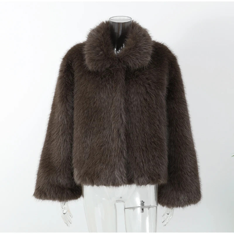 Lapel Brown Women Short Faux Fur Coat Luxurious Fluffy Long Sleeve Warm Jacket 2024 Autumn Winter Lady Solid High Street Outwear