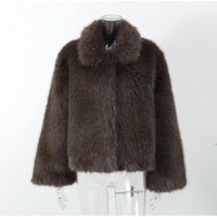 Lapel Brown Women Short Faux Fur Coat Luxurious Fluffy Long Sleeve Warm Jacket 2024 Autumn Winter Lady Solid High Street Outwear