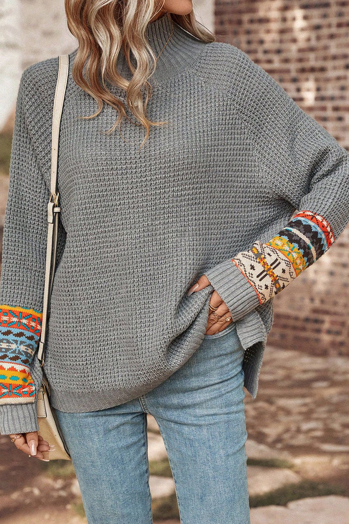 Gray Tribal Patch Raglan Sleeve High Neck Sweater