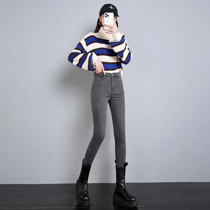 Women Thermal Skinny Jeans Mom Winter Warm Plush Stretch Jeans Lady Fleece Snow Denim Pants Student Pencil Straight Leg Trousers