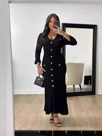 Elegant Knitted Long Dress Women Flare Sleelve V Neck Ruffles Single Breasted Bodycon Dresses Party Fashion Office Lady Vestidos