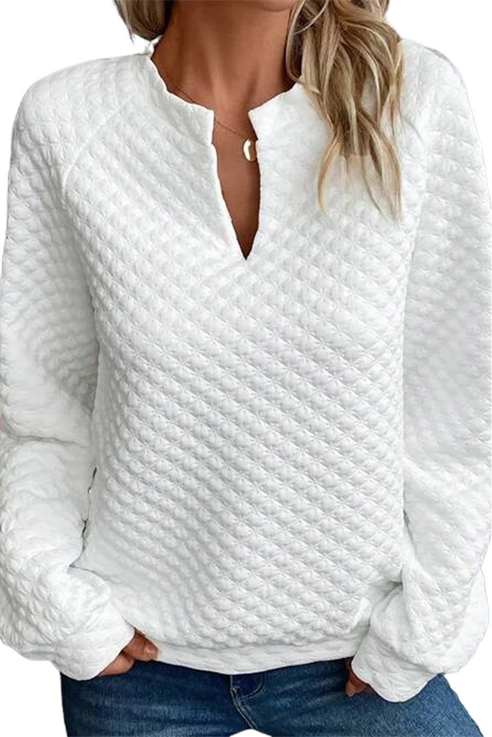 Light Pink Split Neck Quilted Long Sleeve Top