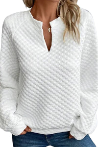 Light Pink Split Neck Quilted Long Sleeve Top