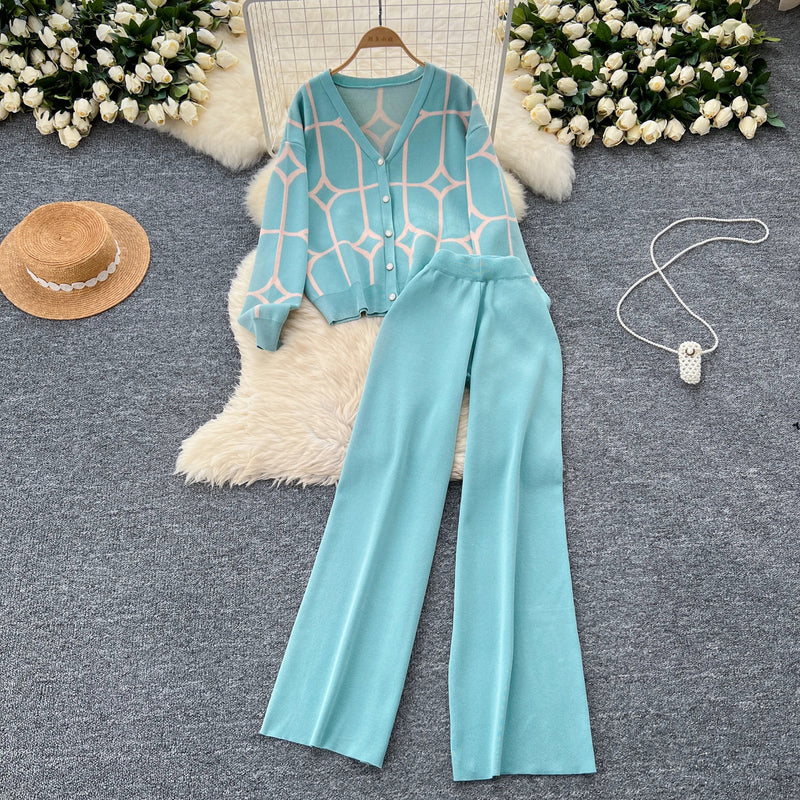 SINGREINY Basics Print Knit Two Pieces Sets Autumn Winter Single Breasted Cardigan+Wide Leg Long Pants Fashion Streetwear Suits