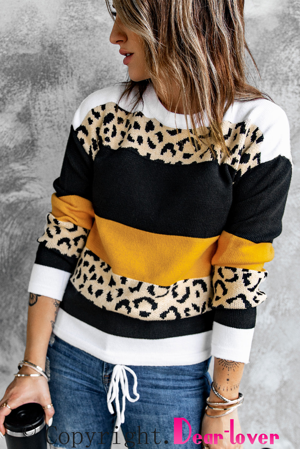 Crewneck Leopard Color Block Knit Pullover Sweater