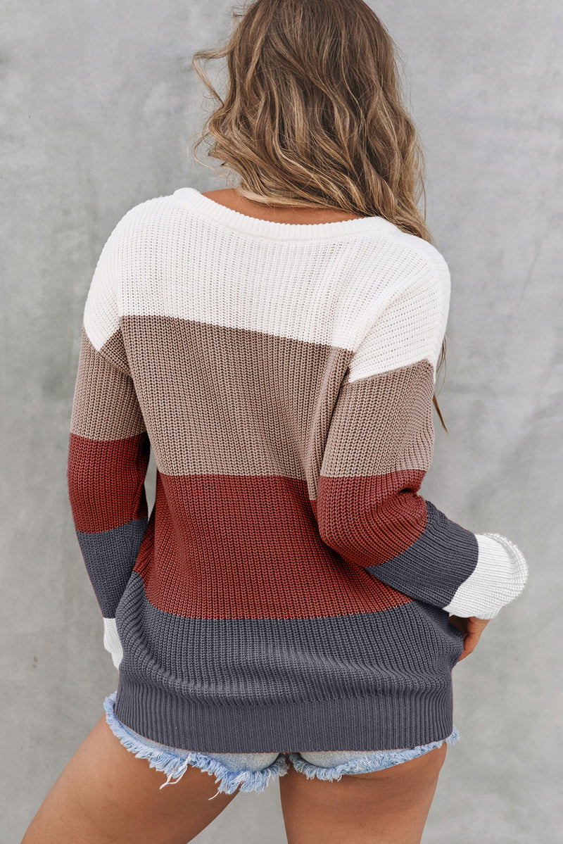 Chestnut Color Block Knitted O-neck Pullover Sweater