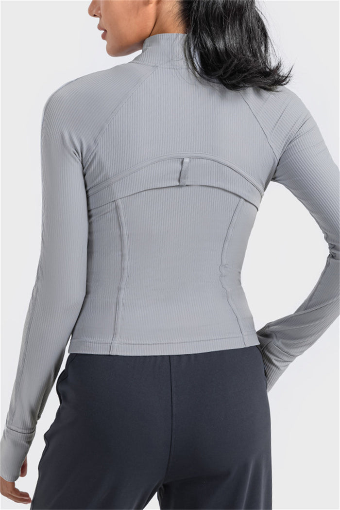 Gray Ribbed Stitching Thumbhole Sleeve Zip Up Active Top