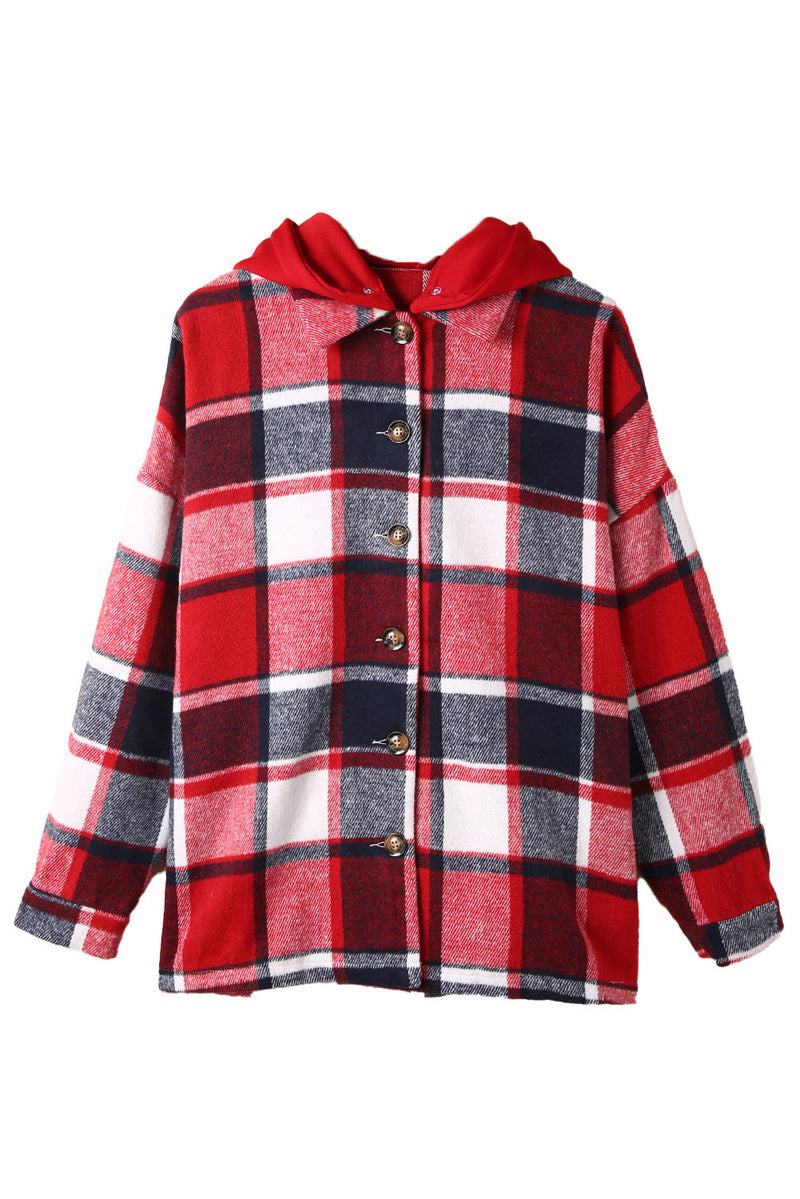 Green Hooded Plaid Button Front Shacket