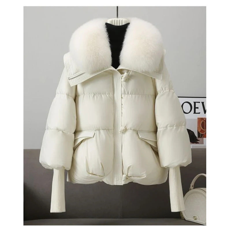 Winter New Fur Collar Puffer Down Parka Loose Down Warmer Thicken Snow Jacket Pocket Zipper Faux Fur Outerwear Female