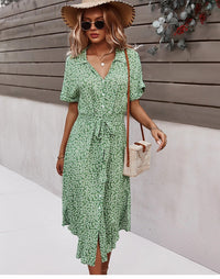 Summer Women Floral Print Dress Casual Short Sleeve Button Holiday Midi Dresses Female V-Neck Beach Boho Chic Dress Elegant Robe