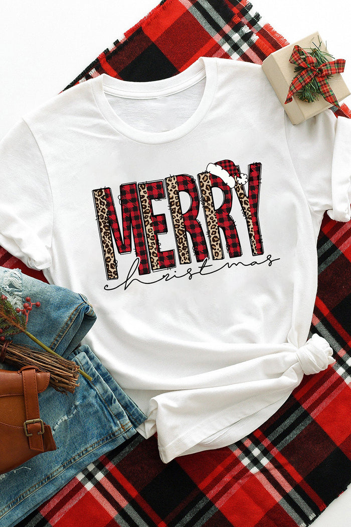 White Plaid Leopard MERRY Christmas Print T Shirt