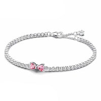 2024 New 925 Silver Pink Bow Full Diamond Bracelet Original 17-20CM Fit DIY Charm Women Birthday Jewelry Valentine's Day Gifts