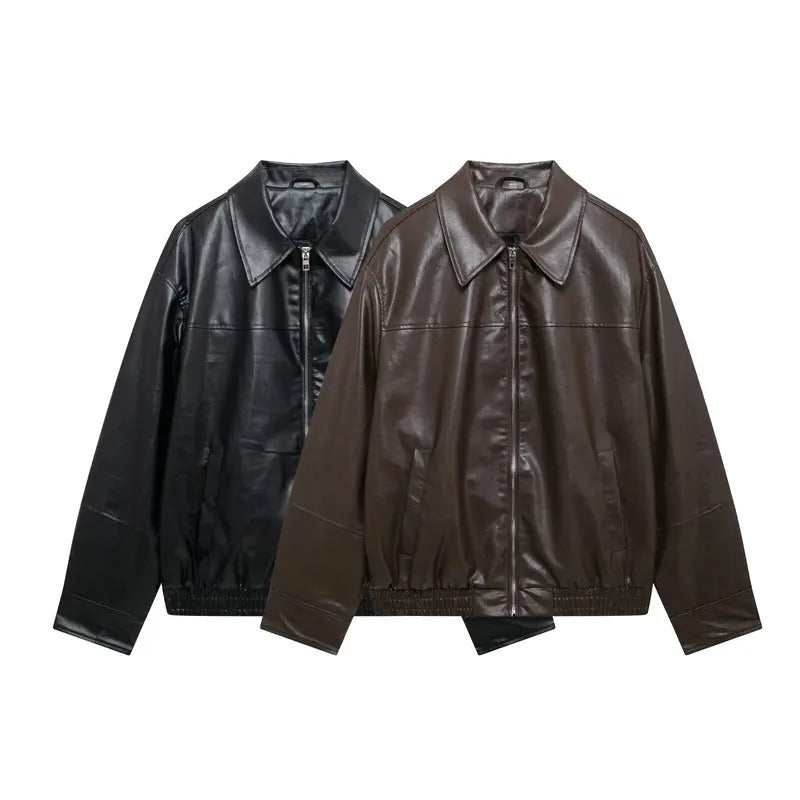 Fashionable and versatile loose lapel zipper imitation leather pilot jacket coat women's autumn new PU leather jacket