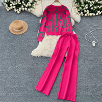 SINGREINY Basics Print Knit Two Pieces Sets Autumn Winter Single Breasted Cardigan+Wide Leg Long Pants Fashion Streetwear Suits