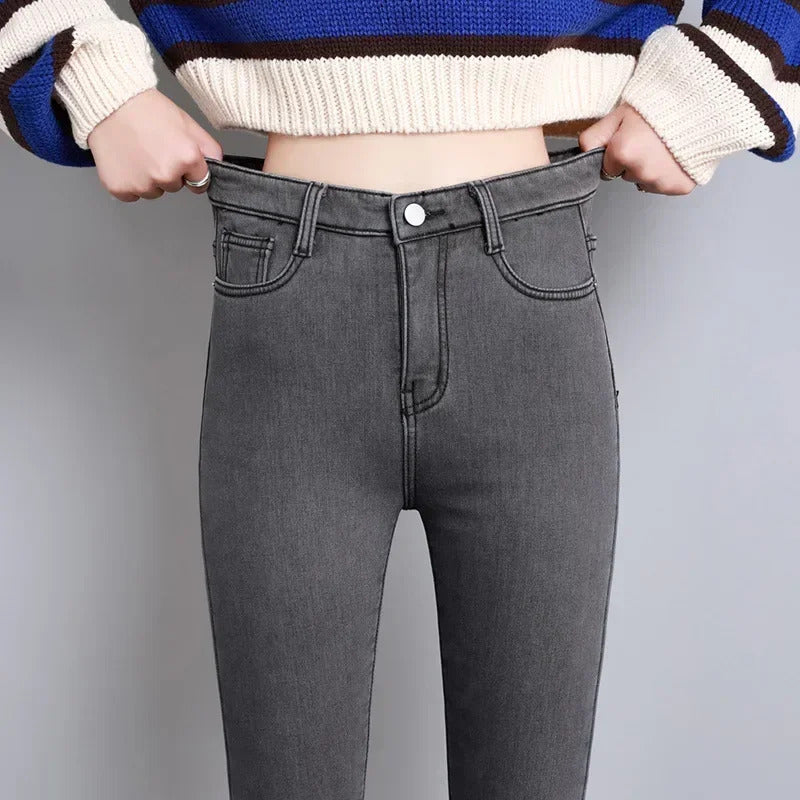 Women Thermal Skinny Jeans Mom Winter Warm Plush Stretch Jeans Lady Fleece Snow Denim Pants Student Pencil Straight Leg Trousers