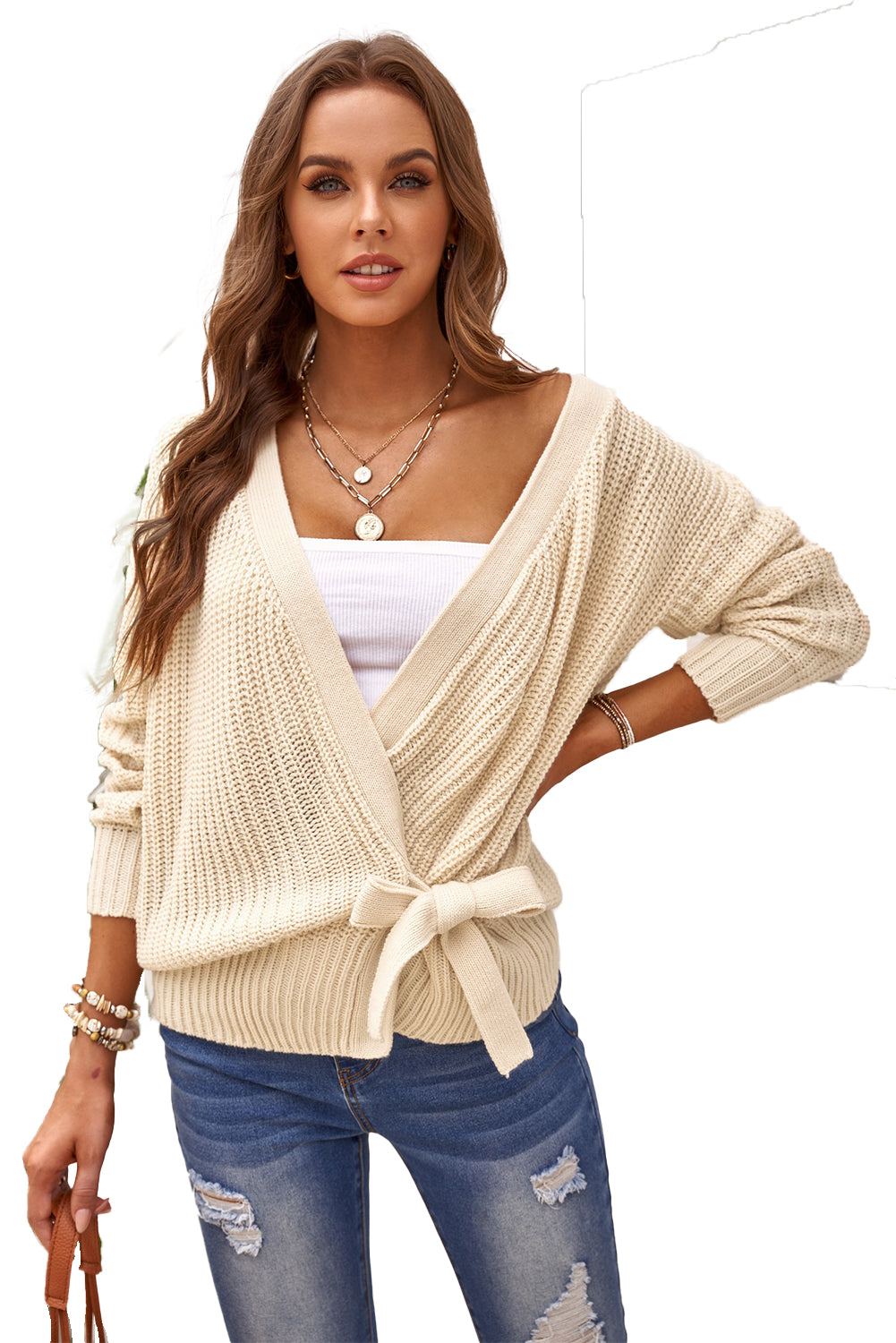 Beige Wrap V Neck Sweater with Side Tie