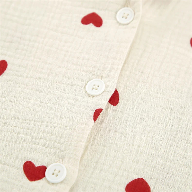 Summer New Love Heart Print Pyjama 100% Cotton Long Sleeve Set 2Pcs Outfit Lapel Sleepwear Button Down Women's Pajamas Nightwear