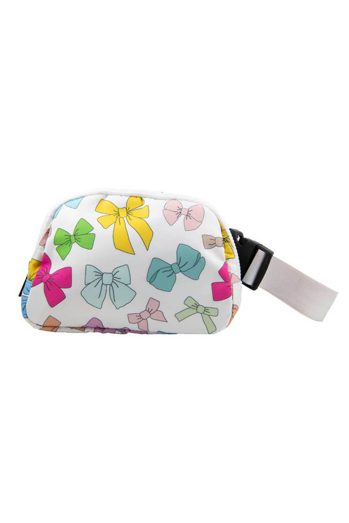 White Colorful Bowknot Printed Buckle Strap Crossbody Bag