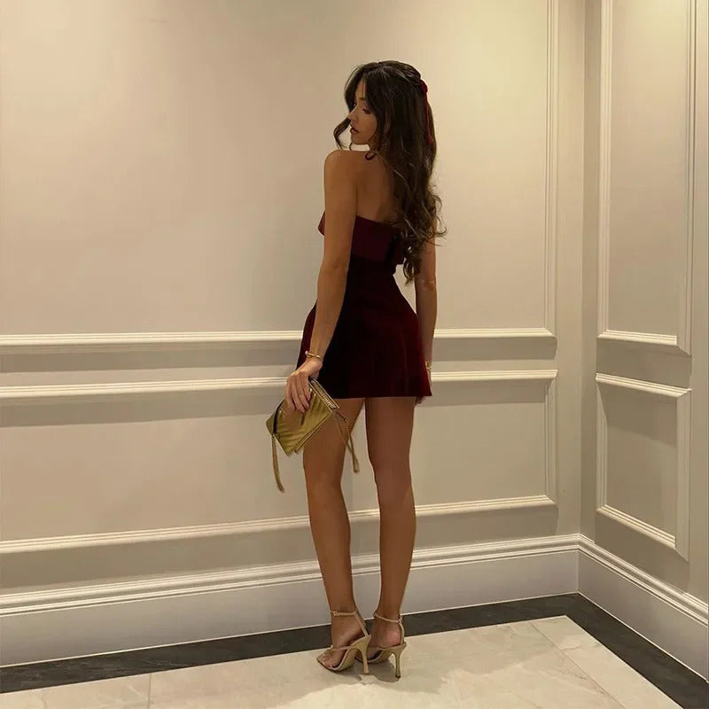 Elegant Burgundy Sleeveless Slash Neck Mini Dress Sexy Slim Backless A Line Dresses 2024 Evening Christmas New Year Party Skirt