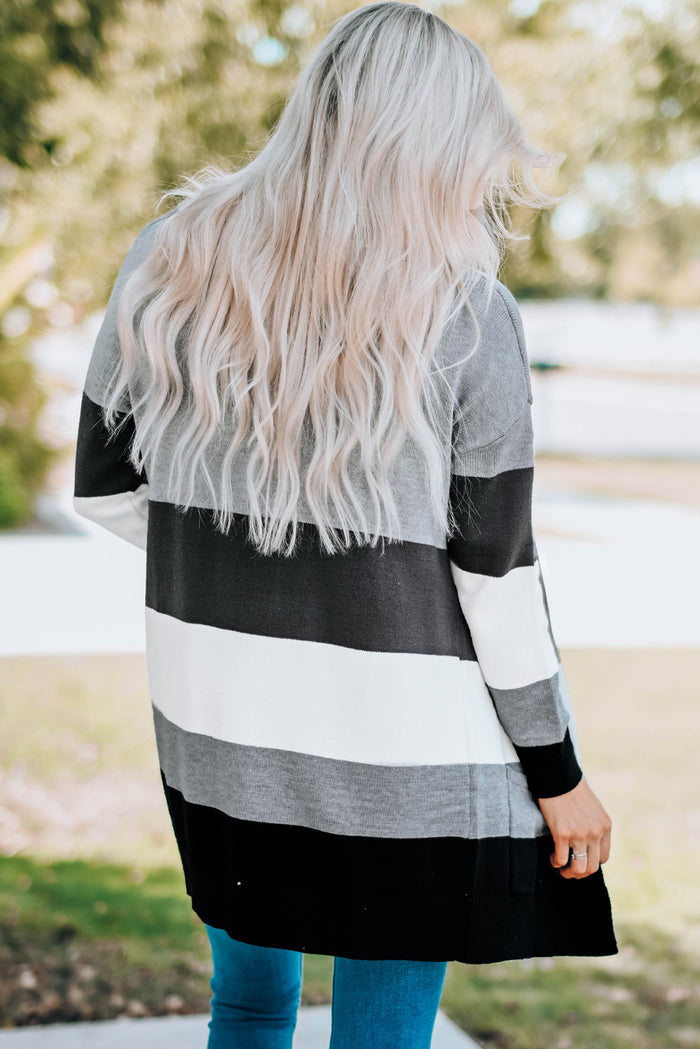 Gray Open Front Colorblock Cardigan with Pockets