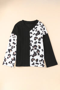 Black Asymmetric Leopard Patchwork Wide Sleeve V Neck Sweater