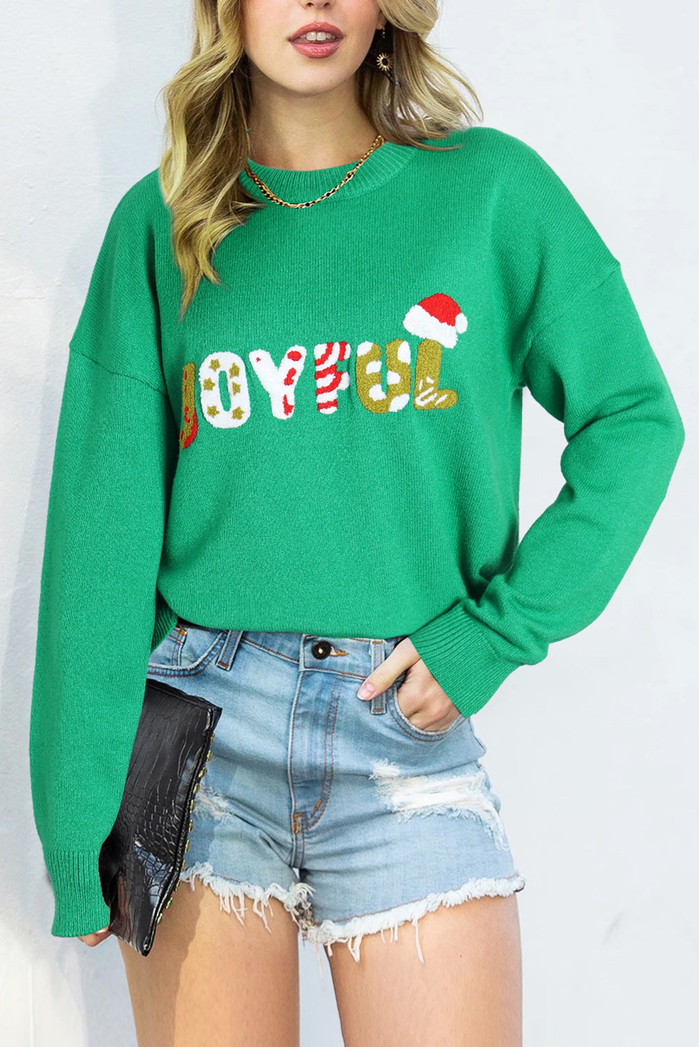 Bright Green Sequined JOYFUL Graphic Christmas Sweater