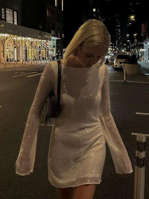 Female Sequin Backless Short Dress Sexy Long Flare Sleeve Sparkly Women Party Dresses 2024 New Lady Evening Beach Dress Vestidos