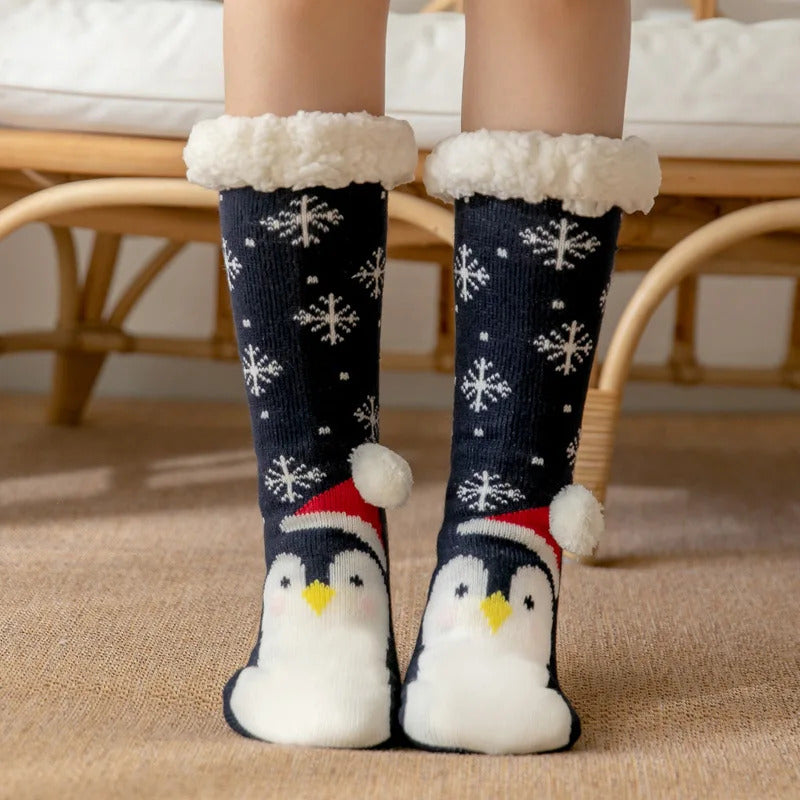 Winter Warm Socks Women penguin Plush Soft Female Non Grip Floor Slippers Short Sock Fuzzy Fluffy Deer Elk Bear Christmas Gift