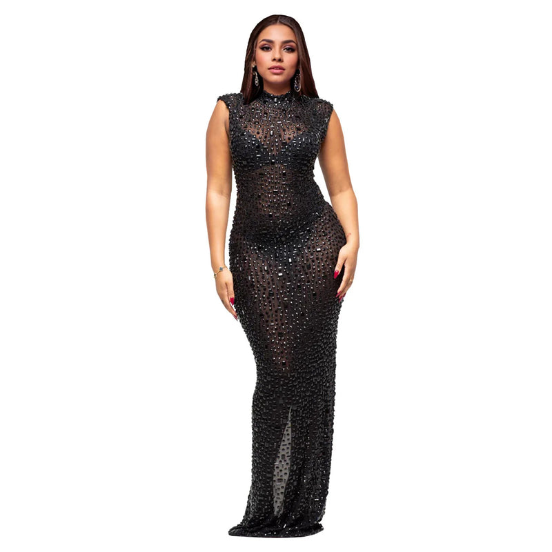 CM.YAYA 2024 Fall Diamonds Hot Rhinestones O-neck Women Sleeveless Bodycon Long Dress Birthday Party Evening Prom Maxi Dresses