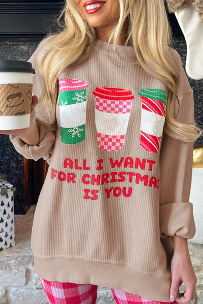 Apricot All I Want For Christmas Is You Ribbed Pullover Sweatshirt