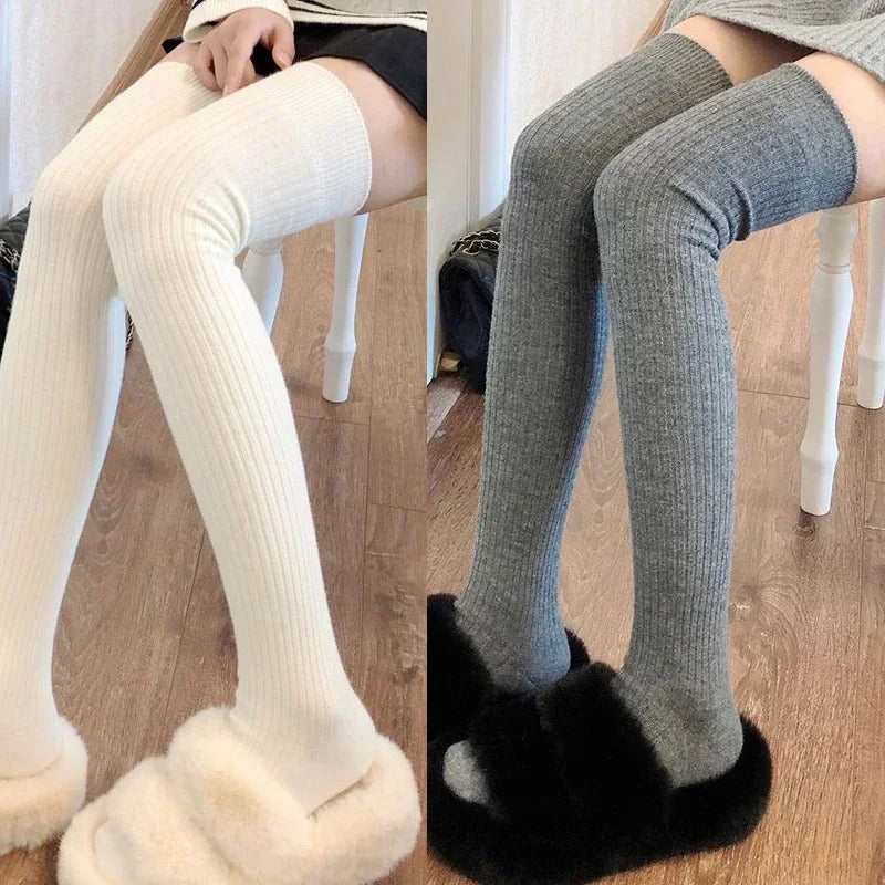 Women Soft Wool Long Socks Autumn Winter Cashmere Solid Knitted Stocking Skinny Casual Knee High Fluffy Warm Thicken Girls Socks