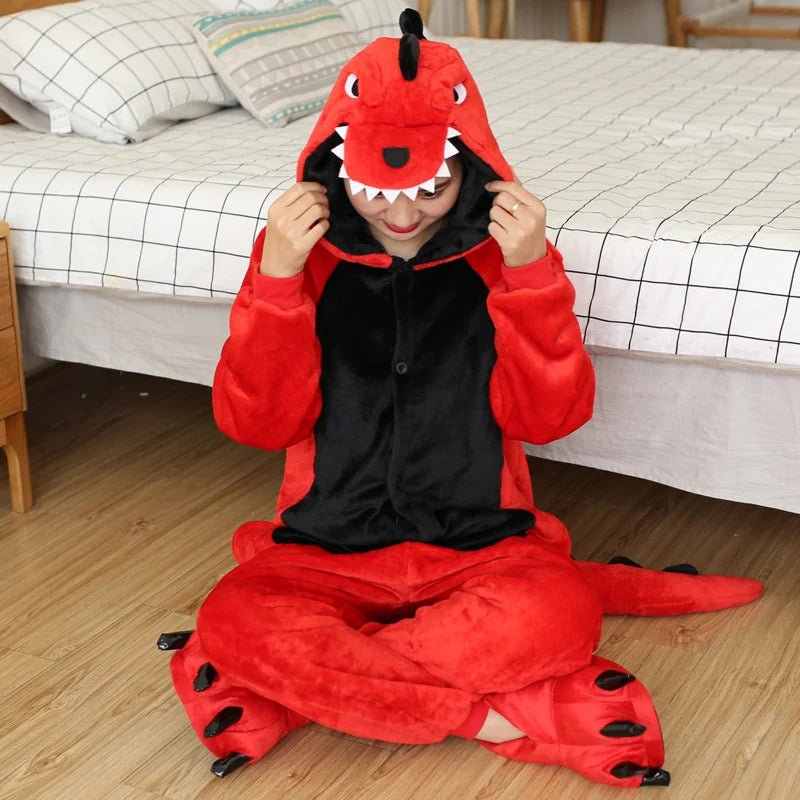 Adults Dinosaur Cartoon Pajamas Animal Onesies Cosplay Costumes Jumpsuit Hooded Sleepwear Halloween One Piece for Performing