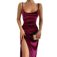 Hugcitar Velvet Swing Collar Sleeveless Slip Sexy Slit Maxi Dress 2022 New Fashion Evening Party Women Elegant Streetwear Y2K