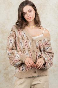 Multicolour Rhombus Pattern Knit Sweater Cardigan